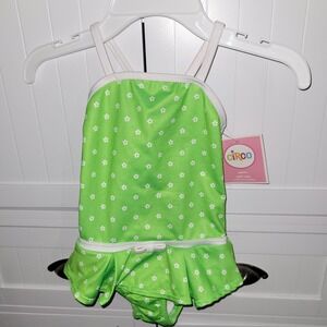 Circo Girls Swimsuit Green Floral‎ Ruffle Skirt Size 3T UPF 50+ Y2k